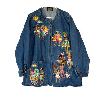 Vintage Bob Mackie Wearable Art Women's Denim Embroidered Open Jacket